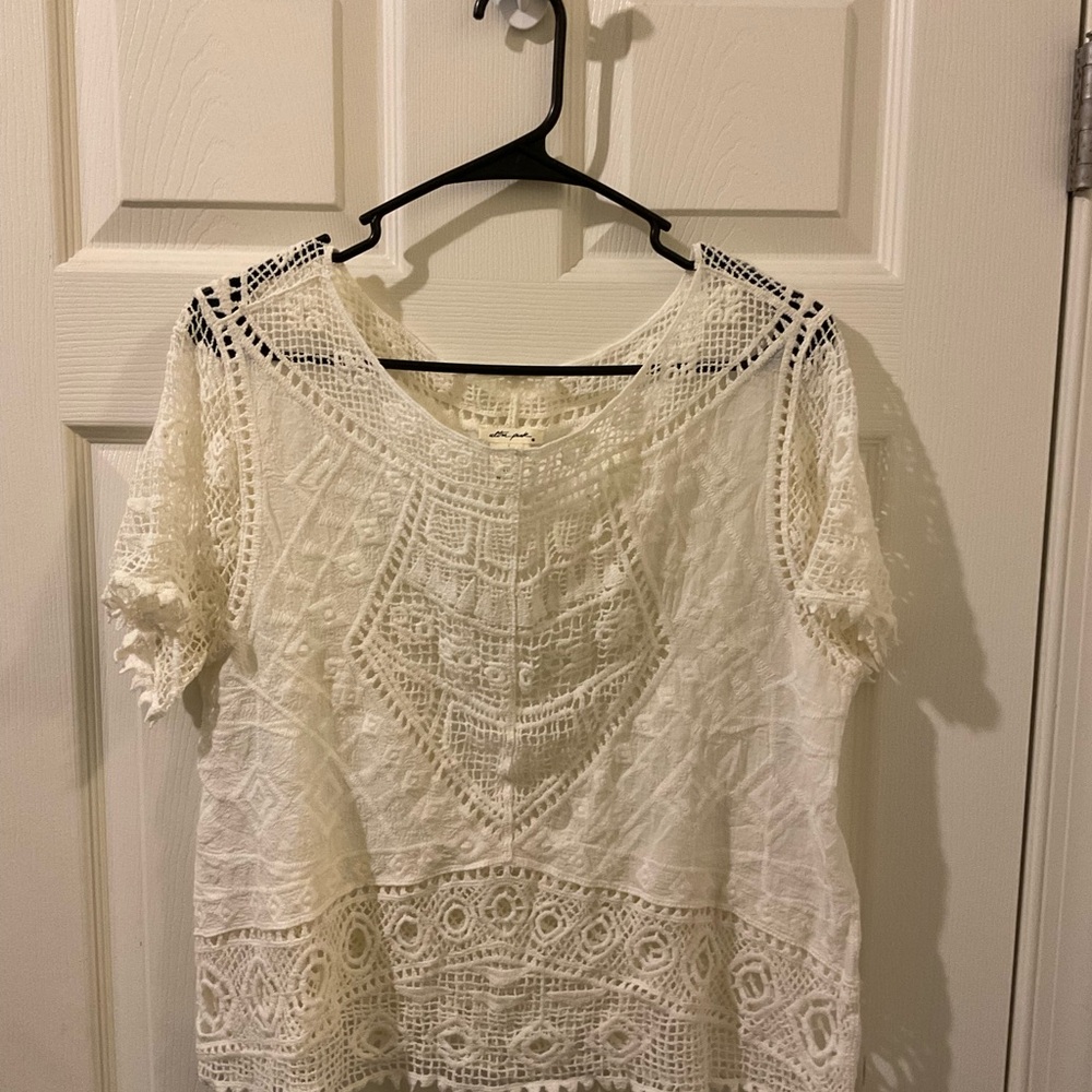 Ultra Pink White Crochet Lace Short Sleeve Blouse
